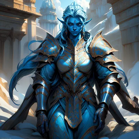 concept art, wide shot, (masterpiece:1.3), full body intense details, highly detailed, photorealistic, best quality, highres, portrait of a  Vedalken female (fantasy art, Masterpiece, best quality) (blue skin: 1.3), intense details facial detail fantasy ar...