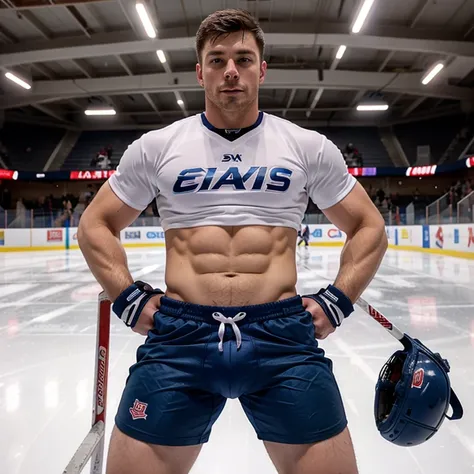 Evans as a hot ice hockey player, massive bulge, muscular body, hot jock, in an ice rink