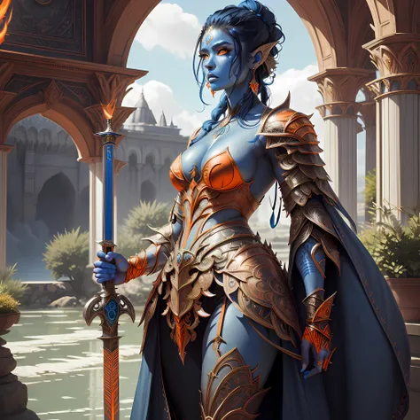 fantasy art, dnd art, RPG art, wide shot, (masterpiece:1.3), full body intense details, highly detailed, photorealistic, best quality, highres, portrait of a exotic race female (fantasy art, Masterpiece, best quality: 1.3) (blue colored skin: 1.3), intense...