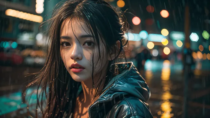 Best Quality,Portrait,Dark,Colorful,Night,Rain,Beautiful Girl,Detailed eyes,Detailed lips,Wet hair,Wet clothes,City lights,Wet pavement,shiny reflection,Neon light,shining drops,Vivid colors,Soft shadows,moody atmosphere,romantic,Expressive,emotional,Gentl...