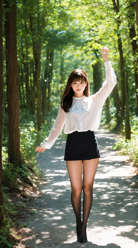 (Best Quality, masutepiece, Ultra HD: 1.3, High brightness, High color saturation), 1girl in, 24 year old,（long beautiful legs:2.0),（Full body figure:2.0）,straight haired, Long hair, （hide ones hands:2.0） See-through white blouse, （Black enamel mini skirt:...