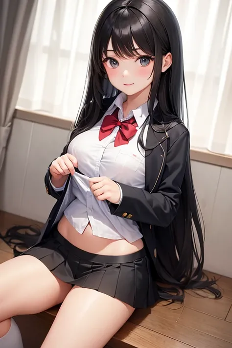 A 14-year-old middle school girl with long black hair wearing a school uniform who lifts up her skirt to reveal white panties.