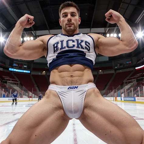 Evans as a hot ice hockey player, massive bulge, muscular body, hot jock, in an ice rink