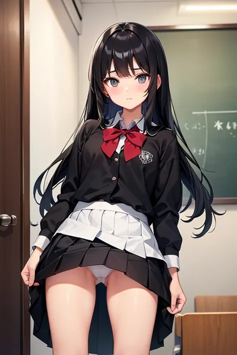 A 14-year-old middle school girl with long black hair wearing a school uniform who lifts up her skirt to reveal white panties.