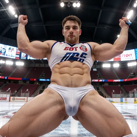 Evans as a hot ice hockey player, massive bulge, muscular body, hot jock, in an ice rink