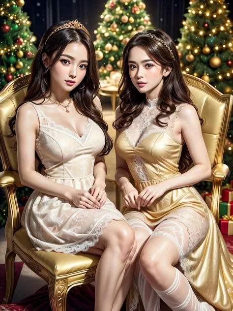 (2girls:1.3), Princess, Passionate, (extremely detailed beautiful face), (Beautiful girl in princess dress:1.5), (Lace dress:1.4), Amazing face and eyes, (The sexiest look), (Best Quality:1.4), (hyper quality), (Ultra-detailed), (extremely detailed CG unif...