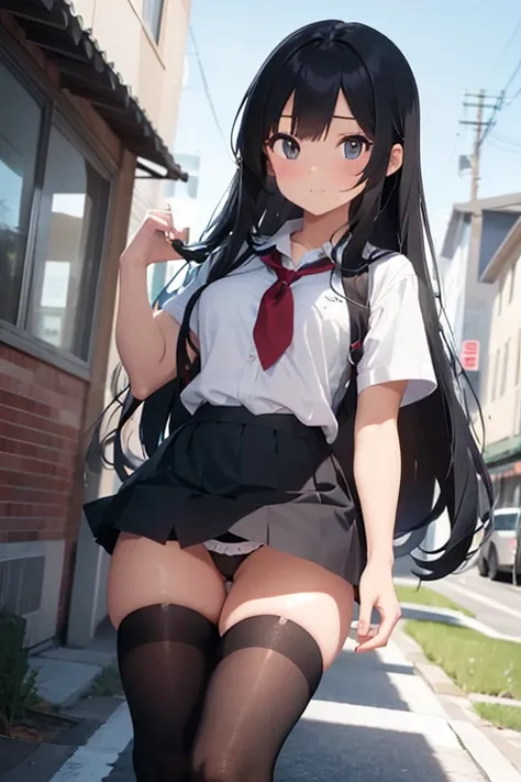 A 14-year-old middle school girl with long black hair wearing a school uniform who lifts up her skirt to reveal white panties.