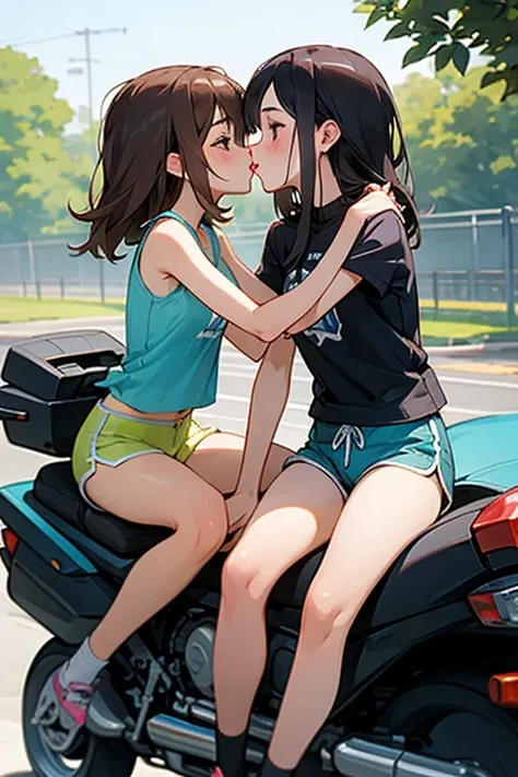 Two girls kiss while sitting on motorcycle saddles, dolphin shorts,