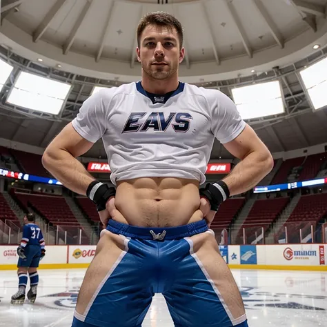 Evans as a hot ice hockey player, massive bulge, muscular body, hot jock, in an ice rink