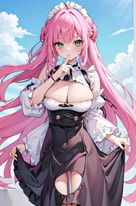 , crotchless, 1 plump girl, middling, own, how to, pink hair color hair, Pink Long Hair, Very long hair, inner strength, humongous large breast, Black dress, Show on the , maid headdress, ((Uniform whiooking at viewert, Decorative style, Green-eyed, face f...