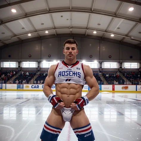 Evans as a hot ice hockey player, massive bulge, muscular body, hot jock, in an ice rink, fucking someone