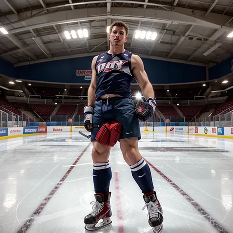 Evans as a hot ice hockey player, massive bulge, muscular body, hot jock, in an ice rink, fucking someone