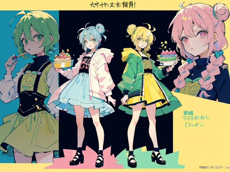 supreme， green down jacket，lime color hair，pink eyes，Standing on your feet，submachine gun，Detailed Genshin graphics，anime character design，anime concept art，pretty anime character design，anime character reference sheet，[Character design]，1girl in, ((Charac...