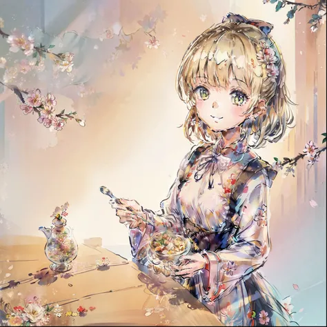 (top-quality、masterpiece)、A stunning、a cute little cat、Floral dress、pinafore、foods、Warm smile、Hourglass diagram、Floral dress、pinafore、foods、