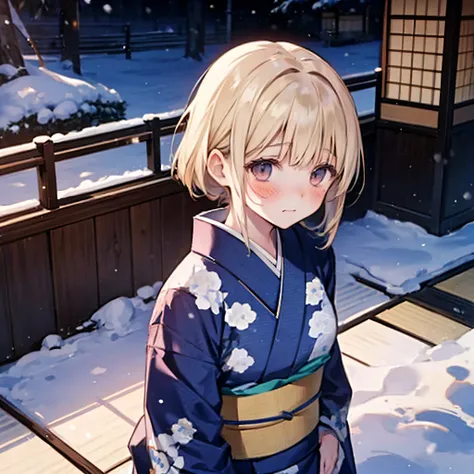 Realistic,(natta), (about 17 years old),Wide Angle,(Bewitching),Wide Angle,1girl in,blondehair,((shame)), embarrassed,blushed,Wide Angle,From  above,((ryokan)),((snowscape)),((Kimono)), llight rays, Glow, (masutepiece)