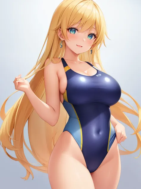 an anime girl、Mature girls、beautiful a girl、Cute little girl s、middle school girl、solo、girl wearing a swimsuit、very long blonde girl、rating:safe、onepiece swimsuit、 Anime girl wearing a tank suit with light blue and yellow edges、 High-leg racing swimwear wi...