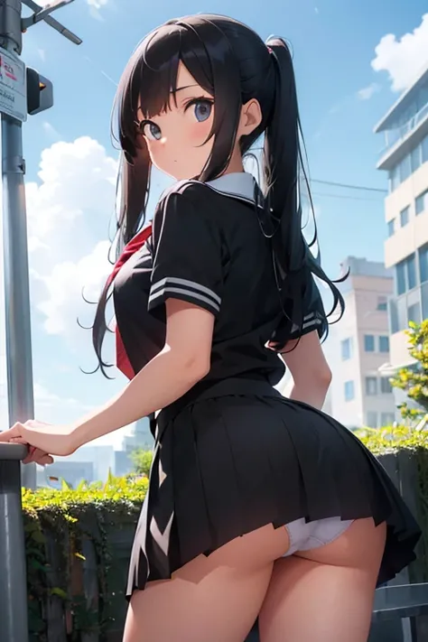 A 14-year-old middle school girl with long black hair wearing a school uniform who lifts up her skirt to reveal white panties.