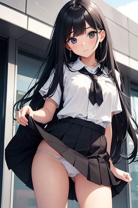 A 14-year-old middle school girl with long black hair wearing a school uniform who lifts up her skirt to reveal white panties.