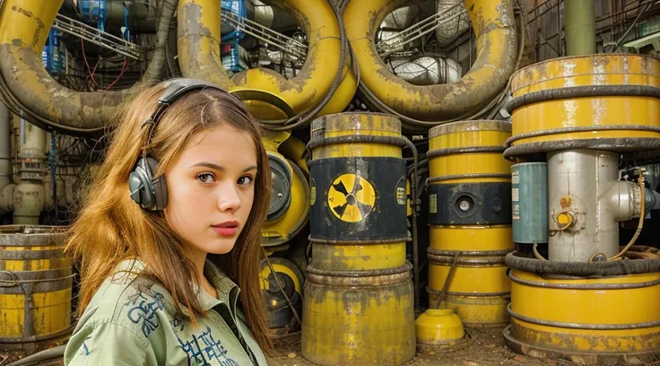 GIRL CHILD 8 YEARS OLD , LONG, CLOSE UP, RUSSIAN STYLE HEADPHONES, BLACK FUR COAT, a closeup of a large pile of yellow barrels with radioactive symbols, nuclear waste, radioactive wastelands, toxic waste, radioactive particles, nuclear wastelands, radioact...