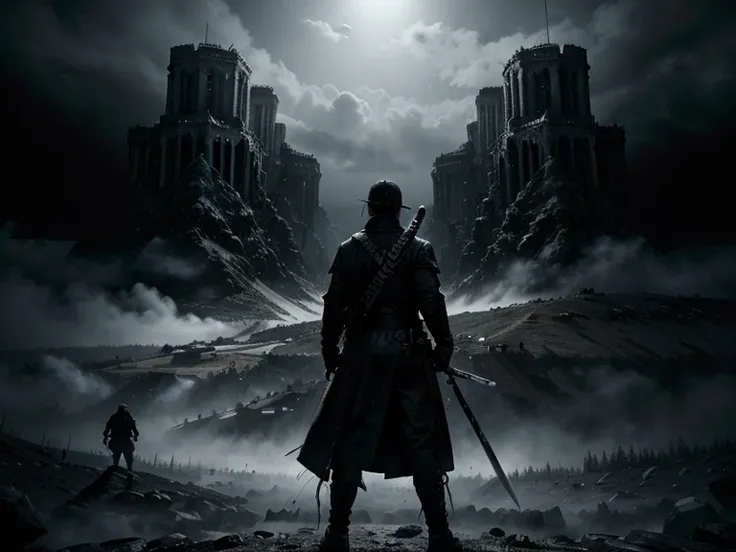 "Create a 385x222 black and white main menu background, with a mercenary standing on a mountain of zombie/undead corpses, holding a sword, facing away from the viewer, Medieval, battlefield."