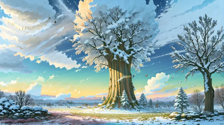 bright, (((cartoon style))), fantastic giant oak tree in a winter meadow in the center of the image , (winter sunny day), illust...