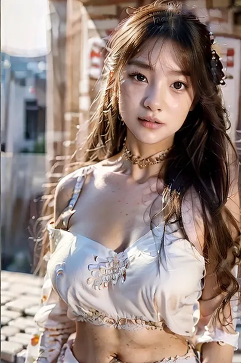 ultra realistic 8k cg, masterpiece, ((ultra detailed background, delicate pattern, intricate detail)), best quality, intricate details, chromatic aberration, 1girl, long hair, golden hair, messy hair, red highlights, hair over one eye, sharp eyes, choker, ...