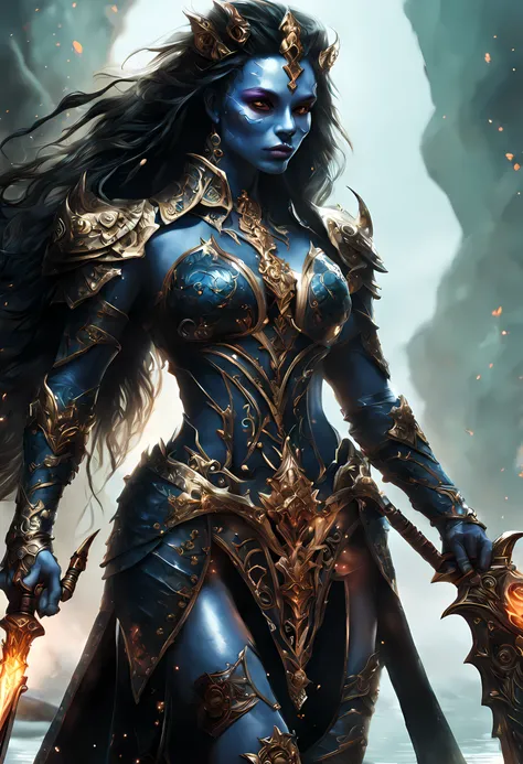 fantasy art, dnd art, RPG art, drkfntasy wide shot, (masterpiece:1.3), full body intense details, highly detailed, photorealistic, best quality, highres, portrait of a exotic race female (fantasy art, Masterpiece, best quality: 1.3) (blue colored skin: 1.3...