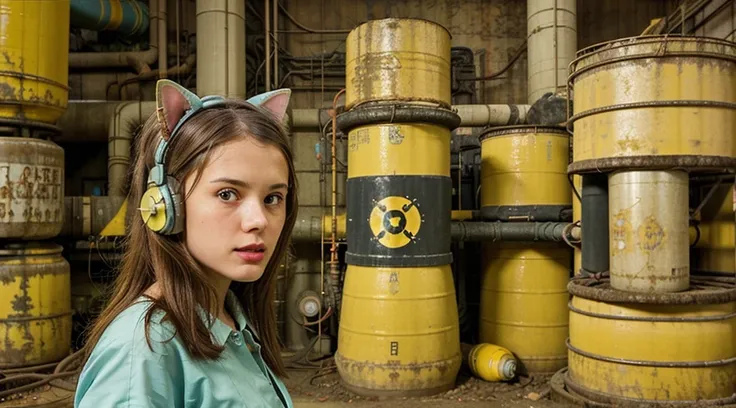 GIRL CHILD 8 YEARS OLD , LONG, CLOSE UP, RUSSIAN STYLE HEADPHONES and cat ears, VaultGirl suit, a closeup of a large pile of yellow barrels with radioactive symbols, nuclear waste, radioactive wastelands, toxic waste, radioactive particles, nuclear wastela...