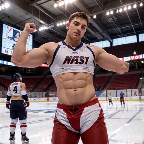 Evans as a hot ice hockey player, massive bulge, muscular body, hot jock, in an ice rink, blushing, blushing hard