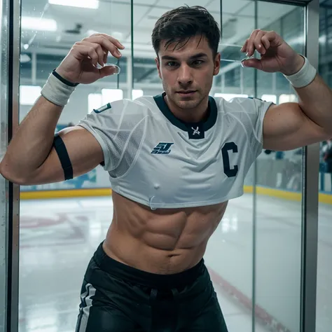 Evans as a hot ice hockey player, massive bulge, muscular body, hot jock, in an ice rink, pressed against glass, pressing against glass, being pressed against glass