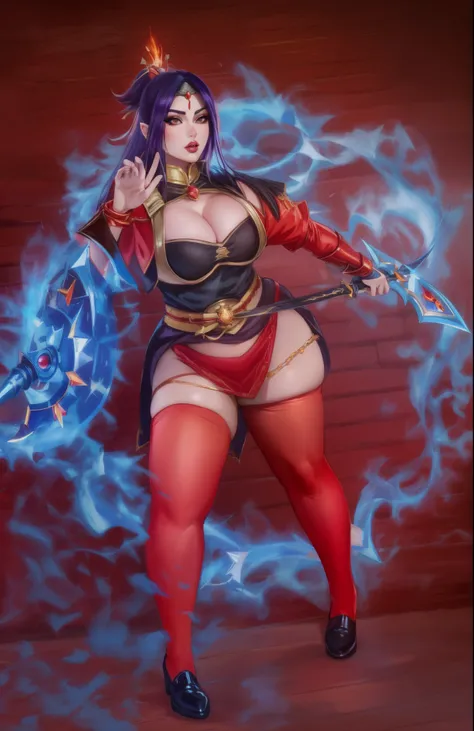 araffe dressed in a  costume with a sword and a fire, thicc, samira from league of legends, mighty plump female sorceress, juri han from street fighter, she has fire powers, as overwatch character,  photo, spellcasting pose, professional , fiora from leagu...