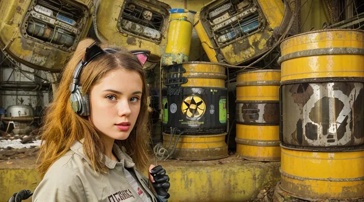 GIRL CHILD 8 YEARS OLD , LONG, CLOSE UP, RUSSIAN STYLE HEADPHONES and cat ears, VaultGirl suit, a closeup of a large pile of yellow barrels with radioactive symbols, nuclear waste, radioactive wastelands, toxic waste, radioactive particles, nuclear wastela...