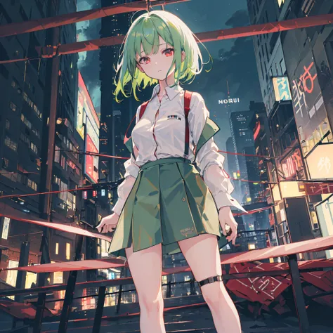 1girl in, 独奏, Lori, 小柄,(Night_skyporn), (very_Curta_Green_hair), Hairstyle Bob(Red_Eyes), Medium_breasts, (white_Shirt:1.5), (windbreaker), (portlate), blazing_Eyes, Background_light, (Cityscape:1.5), (neons_A light:1.2), (scienc), cyberpunked, ((​masterpi...