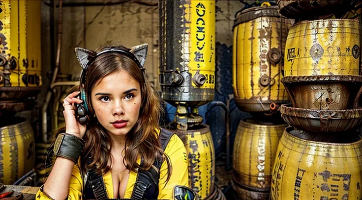 GIRL CHILD 8 YEARS OLD , LONG, CLOSE UP, RUSSIAN STYLE HEADPHONES and cat ears, VaultGirl suit, a closeup of a large pile of ((yellow barrels with radioactive symbols)), nuclear waste, radioactive wastelands, toxic waste, radioactive particles, nuclear was...