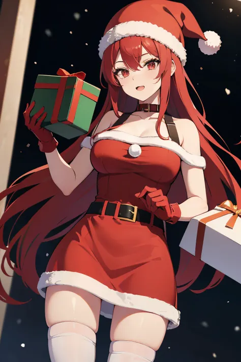 "anime girl, 1 person, bright red hair, shoulder length hair, dark red eyes, Santa hat, Santa tube costume, red dress, big breasts, discreet, stockings, holding Christmas gift box, Christmas gift box  birth, snowfall, solo, front view, (full HD 4K+ photo)"