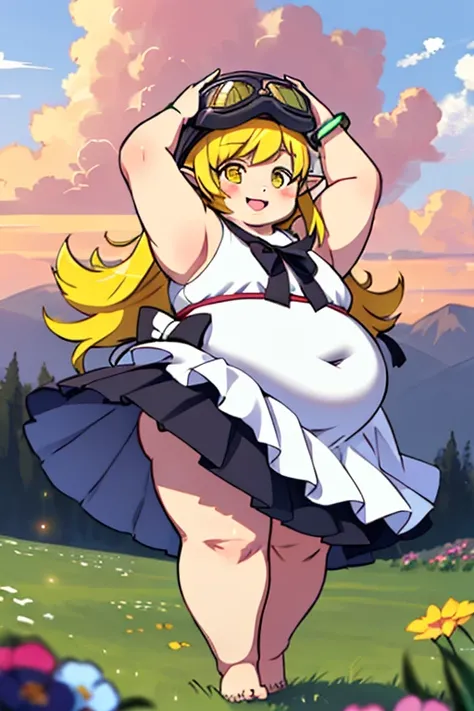 obese 1girl, solo, obese female, obese (oshino_shinobu),(blonde) (blonde_hair), (yellow_hair), ((long_hair)), ((bangs)), (yellow_eyes), blush, pointy_ears, (blush_stickers), flat_chest, obese loli, fat arms, fat belly, fat butt, thick thighs
white_dress, b...