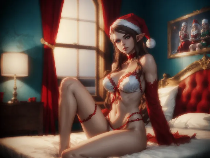 there  a woman in a santa hat sitting on a bed, v from devil may cry as an elf, elf, christmas, ig model | artgerm, elf woman, captured on canon eos r 6, cammy, from league of legends, the anime woman sitting, elves sitting on the bed, trending on cgstatio...