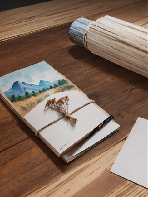 An ink pen and a postcard lie flat on a wood-grained table.The picture on the postcard  a watercolor of a hand-drawn landscape (Hand drawn watercolor with large blank space)The pattern  fresh and natural，Super fine hemp rope.Dried flowers are placed random...