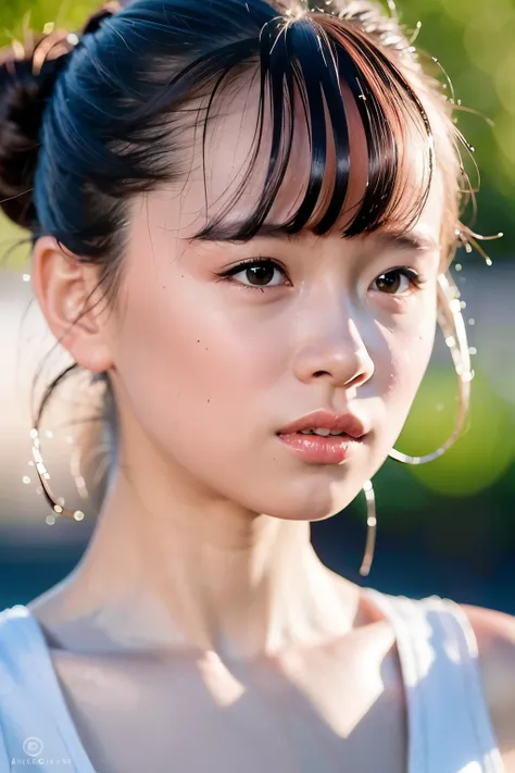 8k, RAW, best quality, ultra high res, 1girl, portrait, closeup, perfect lighting, hair buns, bangs, standing, crying, shed tears, ((tears shed)), tears drop, tears on face, sad, sad face, shining tears in eyes, ((closed lips)), shining eyes, shining tears...