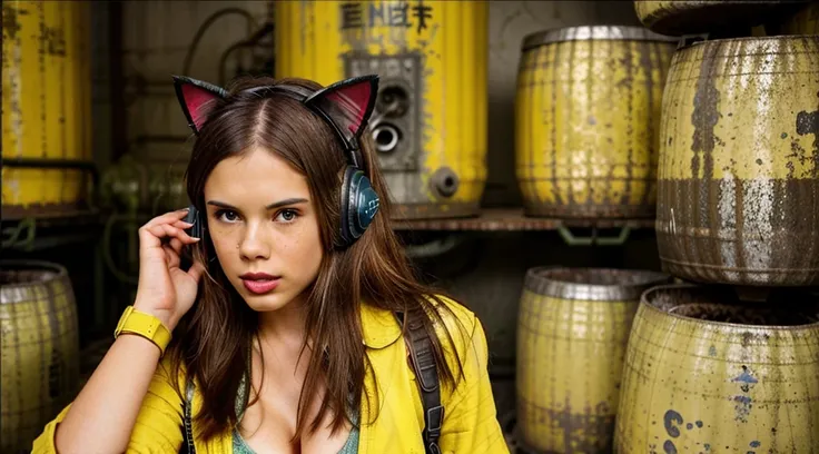 ((reduce nose and grain in entire image)), GIRL 12 YEARS OLD , LONG, CLOSE UP, RUSSIAN STYLE HEADPHONES and cat ears, VaultGirl suit, a closeup of a large pile of ((yellow barrels with radioactive symbols)), nuclear waste, radioactive wastelands, toxic was...