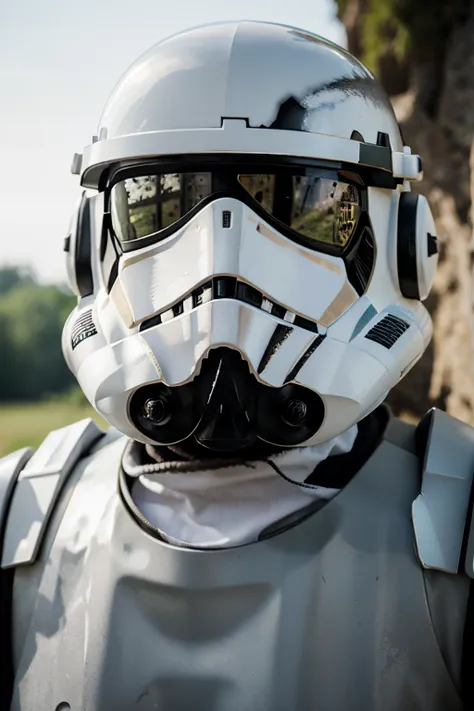 Stormtrooper, gezeichnet vom Krieg, damaged armor, scratches across the helmet, farbliche schultern alleine auf einem felsen, im hintergrund mehr felsen, kniet auf einem Bein, blick in die ferne gerichtet, waffe unter den Arm geklemmt, shallow depth of fie...