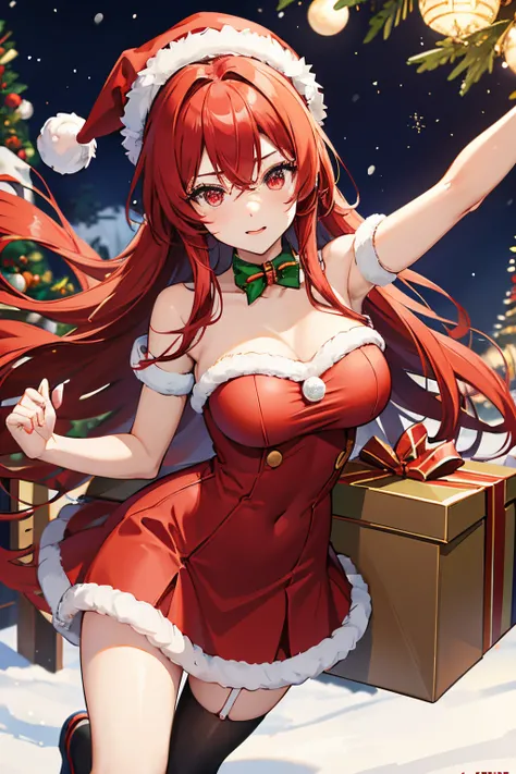 "anime girl, 1 person, bright red hair, shoulder length hair, dark red eyes, santa hat, santa tube outfit, red dress, big breasts, stockings, holding christmas gift box, christmas gift box, snow  falling, Christmas ,solo, front view, (full HD 4K+ photo)"