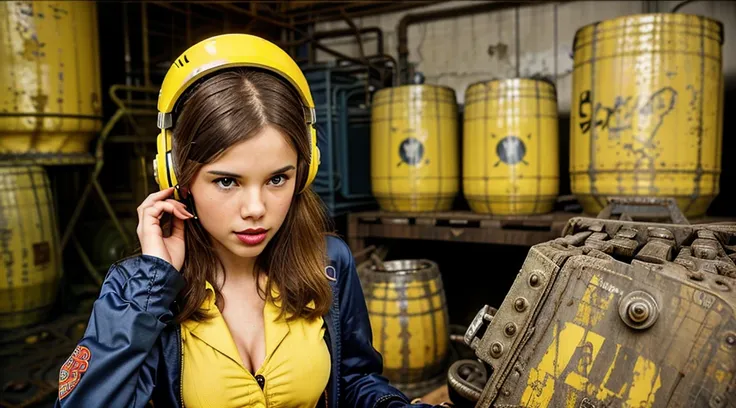 GIRL CHILD 8 YEARS OLD , LONG, CLOSE UP, RUSSIAN STYLE HEADPHONES and cat ears, VaultGirl suit, a closeup of a large pile of ((yellow barrels with radioactive symbols)), nuclear waste, radioactive wastelands, toxic waste, radioactive particles, nuclear was...