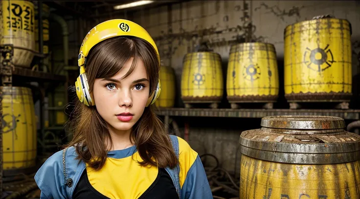 GIRL CHILD 8 YEARS OLD , LONG, CLOSE UP, RUSSIAN STYLE HEADPHONES and cat ears, VaultGirl suit, a closeup of a large pile of ((yellow barrels with radioactive symbols)), nuclear waste, radioactive wastelands, toxic waste, radioactive particles, nuclear was...