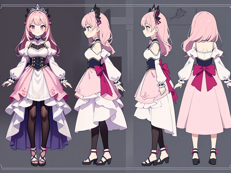 Chara Sheet,character reference sheet, 1 girl, CharacterDesignSheet, ((front-facing view, from side view)) symmetrical elements in clothing, Clothes simulation detection similar to CLO, Awesome designer, full body Esbian,clothes shiny, Images of girls, Bet...