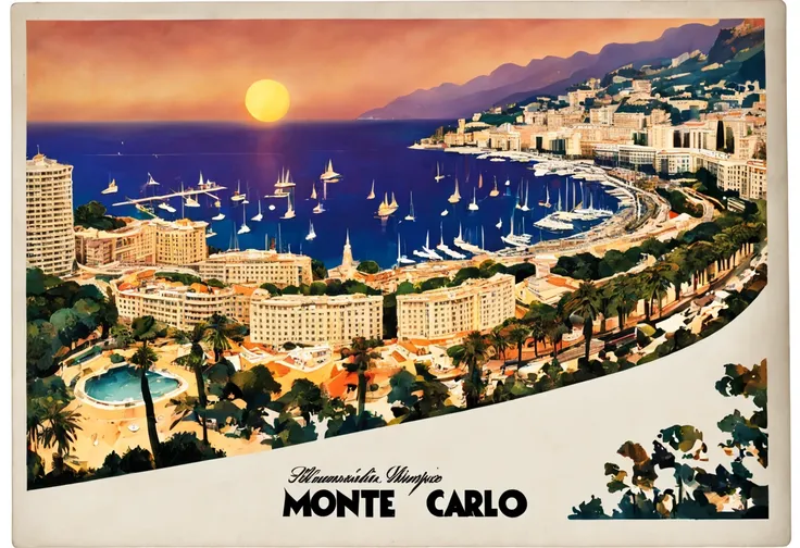 Monte Carlo postcard with text "MONTE CARLO", Monte Carlo atmosphere, sunset, luxury yachts, millionaires playground, view from above, exotic style