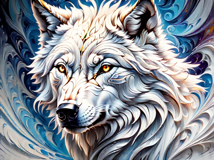 (((Amazingly intricately detailed digital paintings:1.4))), (((A unique fusion of stunning wolf head and swirling marble swirl background:1.thrown against the wall:1.3))), (((Many around the swirling vortex:1.5))), (((In this high resolution image、Amazing ...