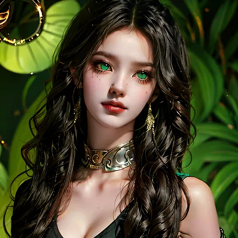 a 20 year old woman who is a demon with wavy black hair and green eyes