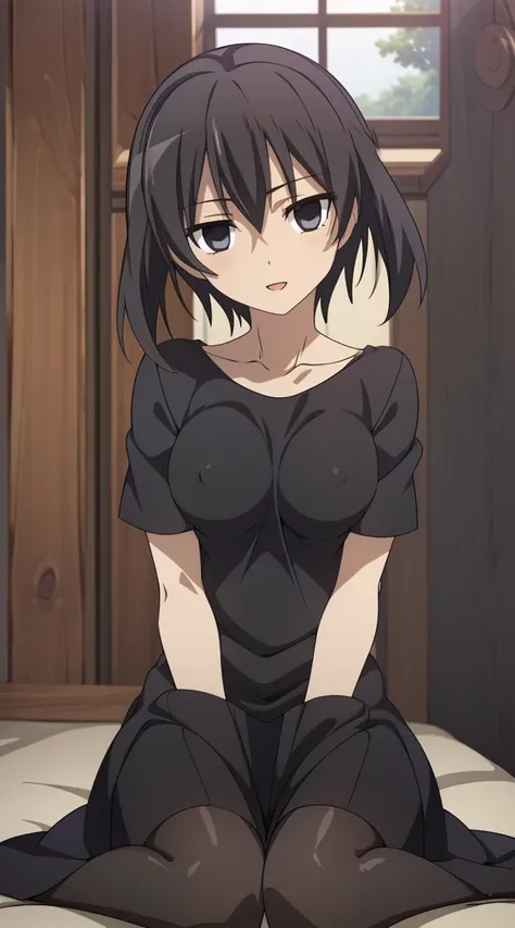 (masterpiece), best quality, expressive eyes, perfect face, kurome , black hair ,short twin ,short hair, black  eyes, medium  breasts, anime art style, official art, slightly head tilt, sexy pose, ((nude)),background modern bedroom on windows open, full bo...