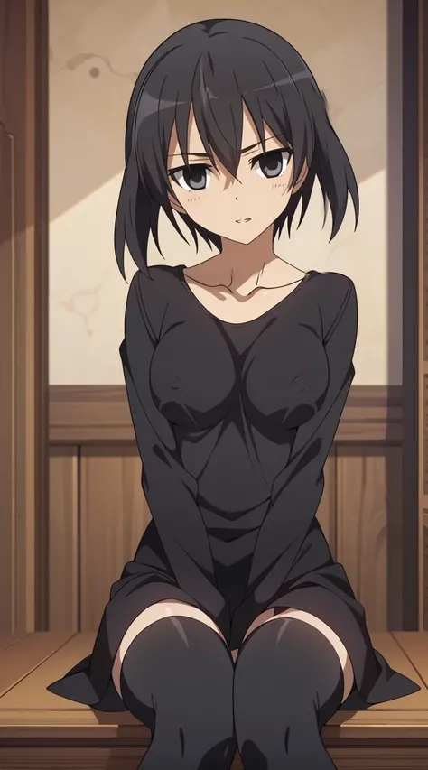 (masterpiece), best quality, expressive eyes, perfect face, kurome , black hair ,short twin ,short hair, black  eyes, medium  breasts, anime art style, official art, slightly head tilt, sexy pose, ((nude)),background modern bedroom on windows open, full bo...